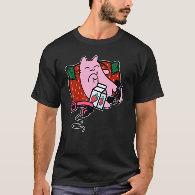 Camiseta Batido de Morango Leite de Morango Gata Rosa (Frente)
