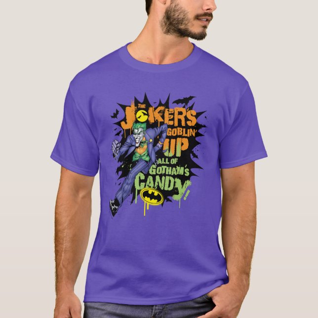 Camiseta Batman | Joker's Goblin' Up All of Gotham's Candy (Frente)