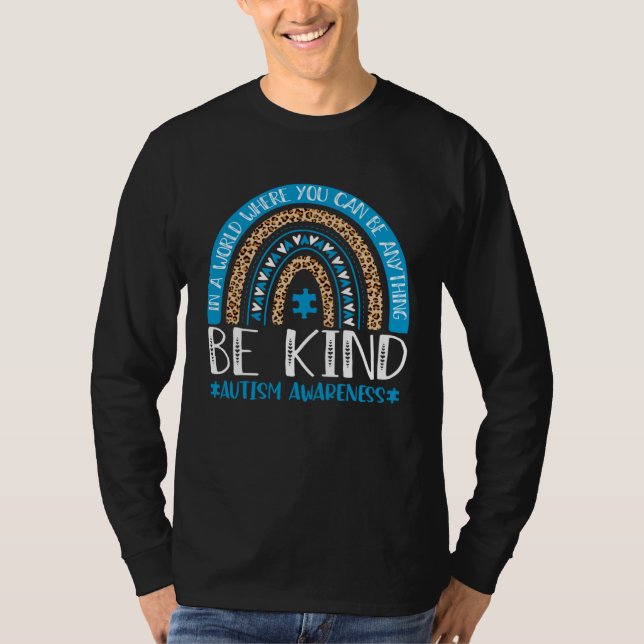 Camiseta Be Kind Autism Awareness Blue Puzzle Leopard Rainb (Frente)