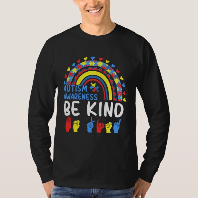 Camiseta Be Kind Hand Sign Rainbow Autism Awareness Month F (Frente)