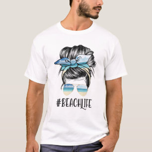 Camiseta Beach Life Mãe Bun Hair Summer Sunglóbulos