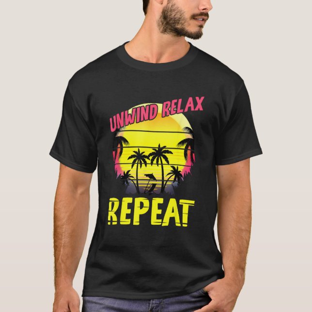 Camiseta Beach Paradise Unwind Relax Repeat Sunset Hawaiian (Frente)