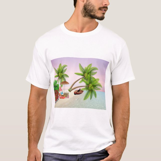 Camiseta Beach Picnic Boat Bush Palm Trees Beach Chair (Frente)