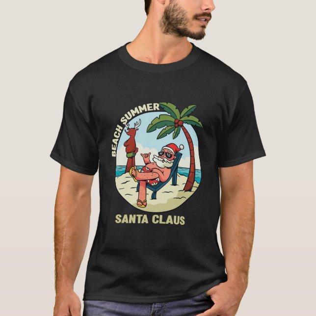 Camiseta Beach Summer Santa Claus Engraçado Natal (Frente)