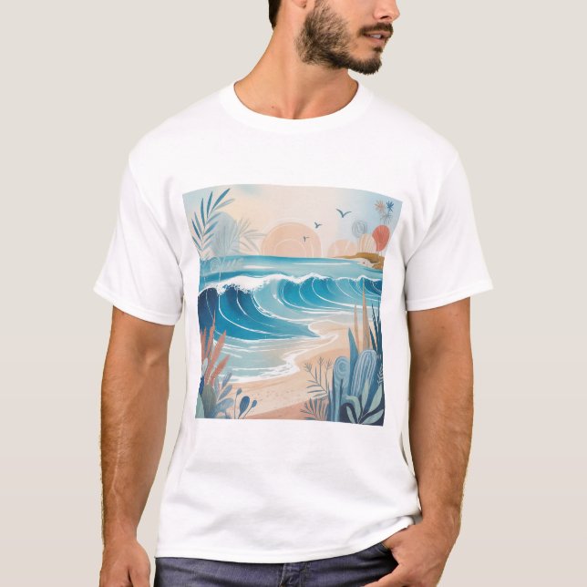 Camiseta Beach Wave Minimal Art T-Shirt – Calm Coastal Aest (Frente)