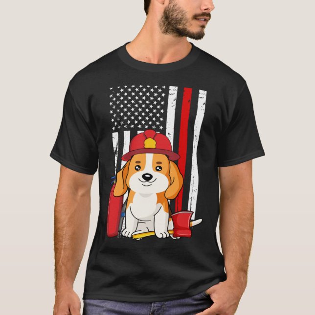 Camiseta Beagle Dog Firefighter American Flag Thin Red Line (Frente)
