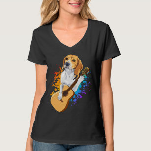 Camiseta Beagle Dog Jogando Violão Acústico Mulheres V-Nec