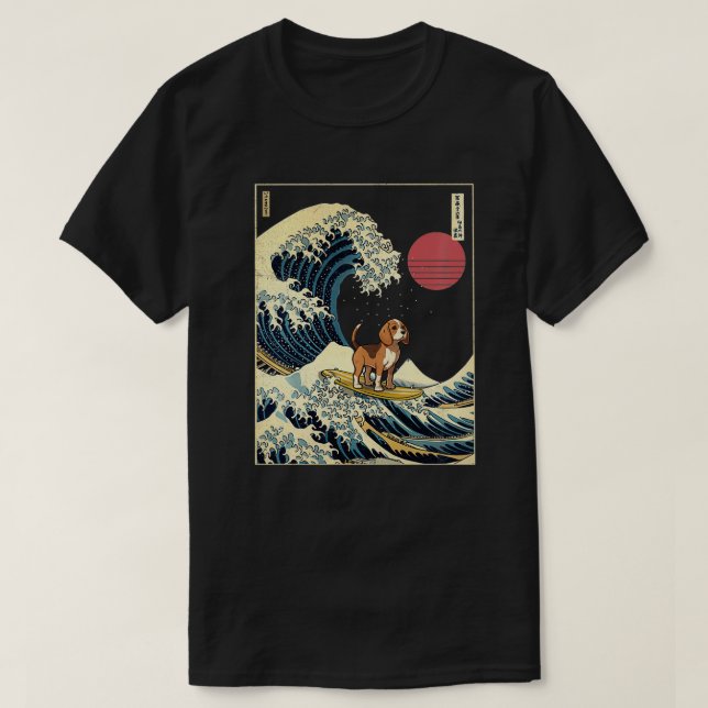 Camiseta Beagle Japonês Kanagawa Acendeu Cão Surf Engraçado (Frente do Design)