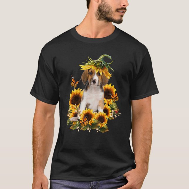 Camiseta Beagle Sunflower Butterfly Cão-Cachorro (Frente)
