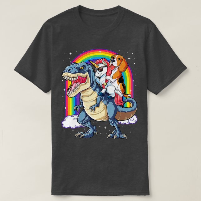 Camiseta Beagle Unicorn Andando Dinossauro T rex Girls Bo (Frente do Design)