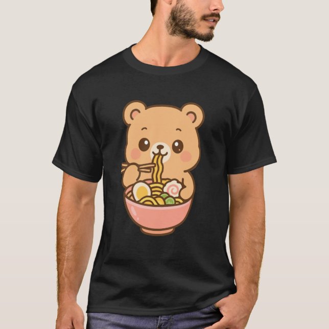 Camiseta Bear Eating Ramen Noodles Kawaii Cute Funny   1 (Frente)