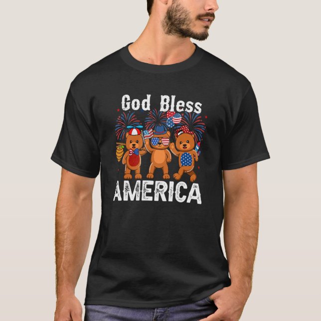 Camiseta Bear God Bless America 4th Of July Cute Boys Girls (Frente)
