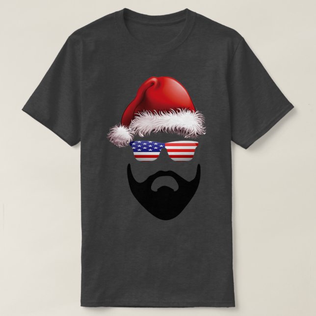 Camiseta Beard Santa Hat - América de Bandeira de Natal (Frente do Design)