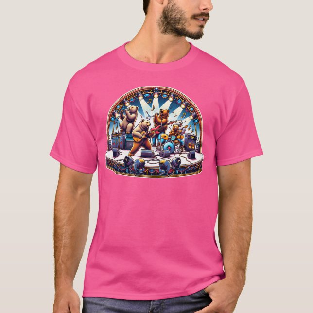 Camiseta Bears Rock Roll Bear Playing Guitar Bass Drums (Frente)