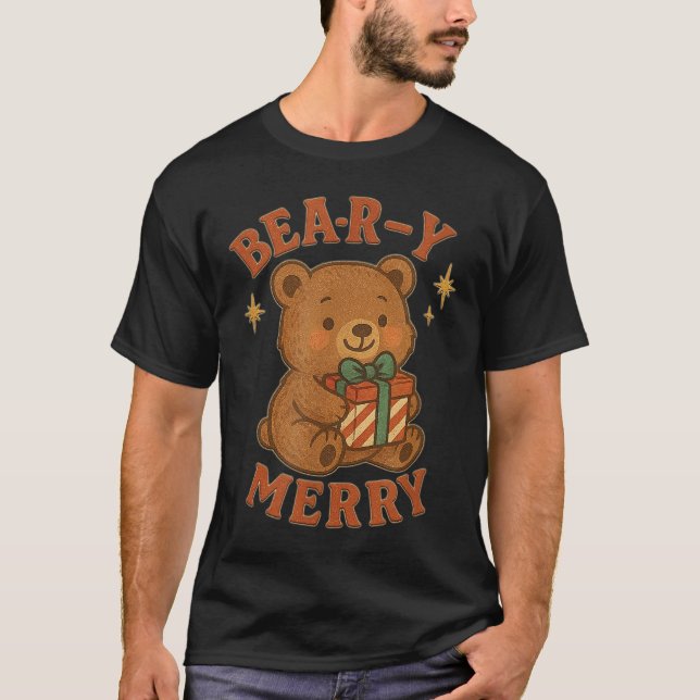 Camiseta Beary Merry Cute Retro Christmas Bear Gift Box Vin (Frente)