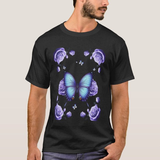 Camiseta Beautiful Butterfly Rose Purple Butterfly Flowers  (Frente)