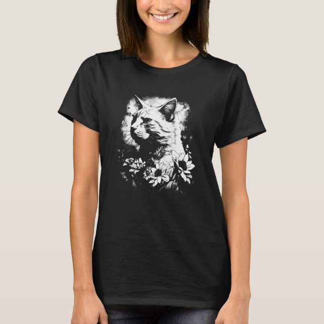 Camiseta beautiful cat and sunflower silhouette portrait  w (Frente)