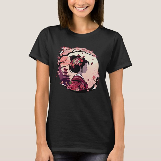 Camiseta Beautiful geisha lady cherry blossom flowers pagod (Frente)