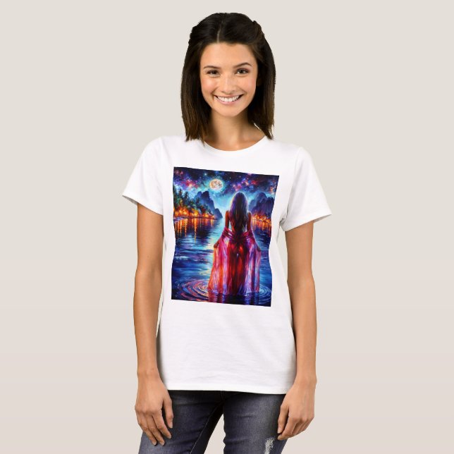Camiseta Beautiful girl watching glowing night water (Frente Completa)