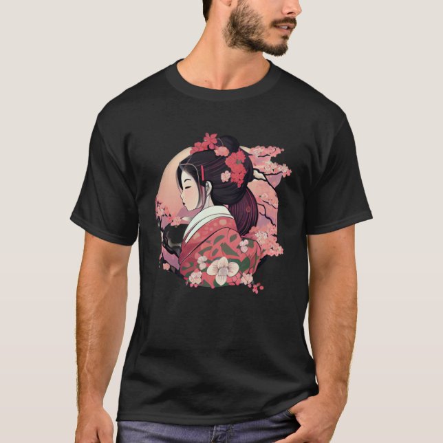 Camiseta Beautiful Japanese Geisha lady with blossom flower (Frente)