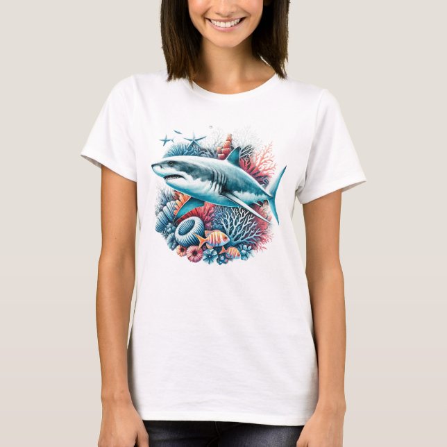 CAMISETA BEAUTIFUL SHARK IN OCEAN WITH FISH AND CORAL  (Frente)