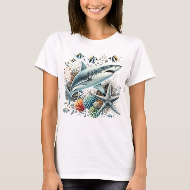 CAMISETA BEAUTIFUL SHARK IN OCEAN WITH FISH AND CORAL  (Frente)