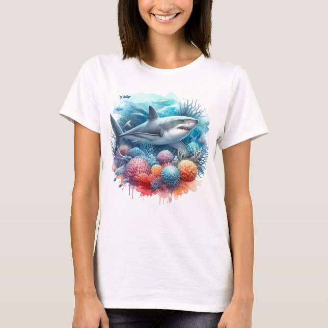 CAMISETA BEAUTIFUL SHARK IN OCEAN WITH FISH AND CORAL  (Frente)