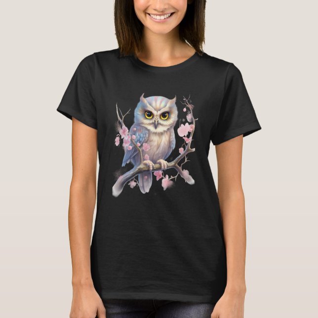 Camiseta Beautiful Snowy Owl Tree Branch Flowers 1 (Frente)