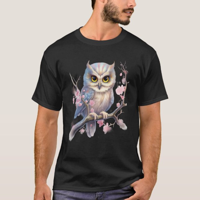 Camiseta Beautiful Snowy Owl Tree Branch Flowers 1 (Frente)