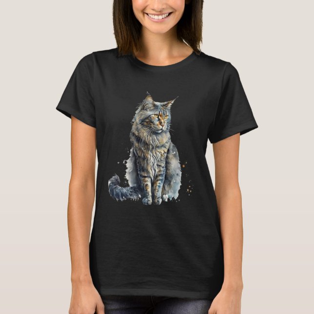 Camiseta Beautiful Watercolor Maine Coon cat Portrait (Frente)