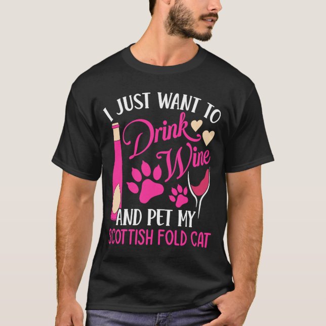 Camiseta Beba vinho e Pet Meu Gato de Dobra Escocês Mãe H (Frente)