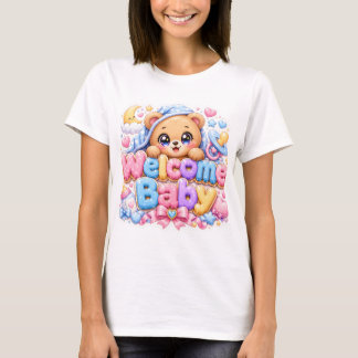 Camiseta Bebê Bem-vindo Urso de Pelúcia Kawaii Rosa Pastel