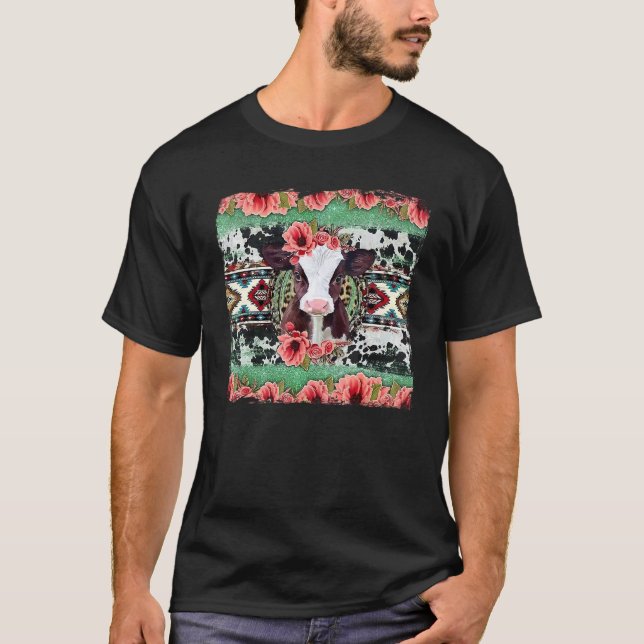 Camiseta Bebê Bezerro Floral Azteca Couro de Vaca Bebê Vaca (Frente)