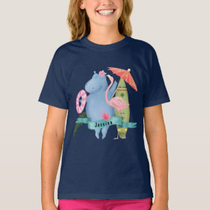 Camiseta Bebê Bonito Hippo com Nome Personalizado Flamingo