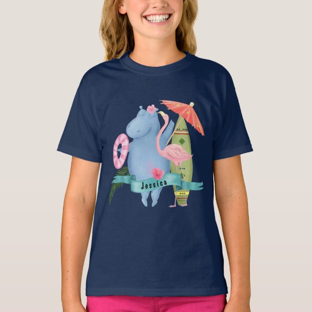 Camiseta Bebê Bonito Hippo com Nome Personalizado Flamingo (Frente)