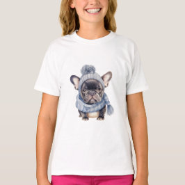 Camiseta Bebê Bulldog de Inverno em Gorro e Cachecol Azul