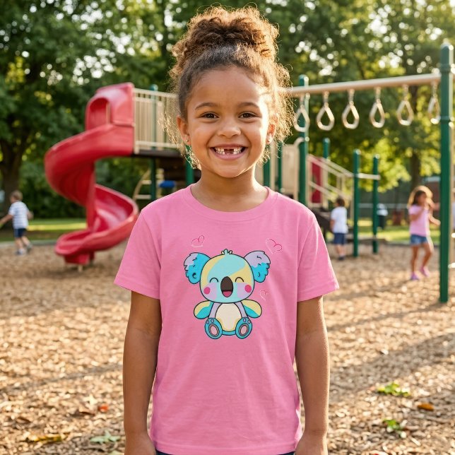 Camiseta Bebê Coala Kawaii Sorridente com Corações de Amor (Cute smiling Kawaii Baby Koala with Love Hearts. Girl Basic Pink T-Shirt)