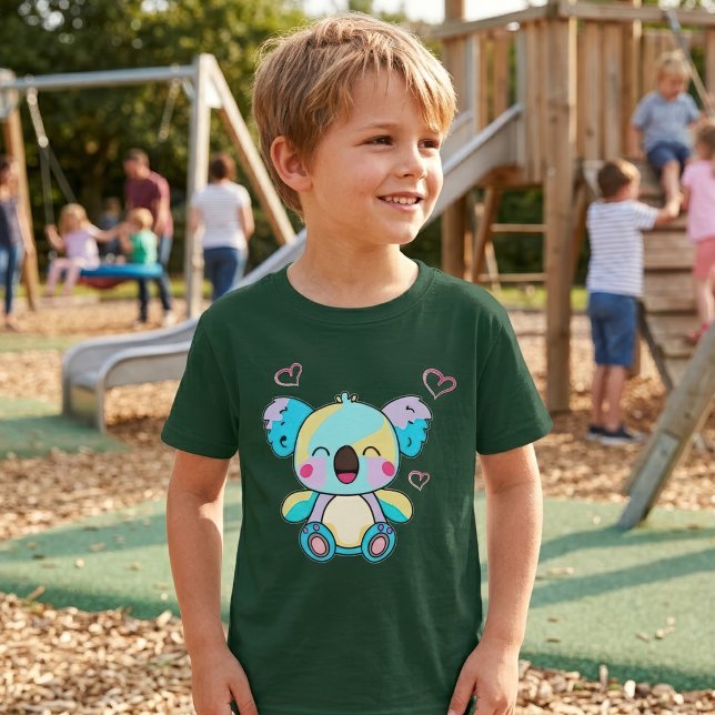 Camiseta Bebê Coala Kawaii Sorridente com Corações de Amor (Cute smiling Kawaii Baby Koala with Love Hearts. Boy Basic Green T-Shirt)