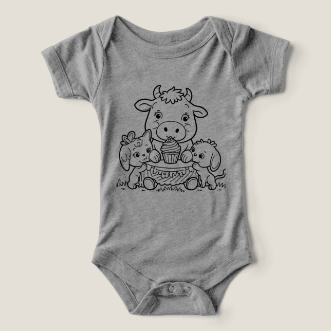Camiseta bebê com vaca e amigos. (Design frontal)