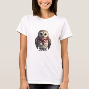 Camiseta Bebê Coruja Fofa Usando um Cachecol Listrado