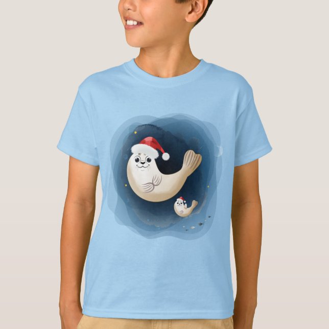 Camiseta Bebê de foca bonita com chapéu de Papai Noel sauda (Frente)