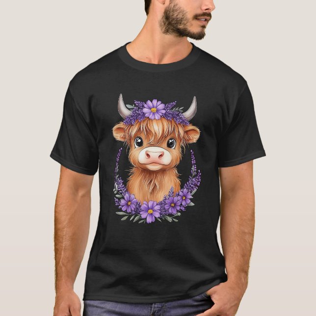 Camiseta Bebê De Vaca Do Terreno Escocês Com Flores Roxas L (Frente)
