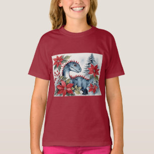 Camiseta Bebê Dinossauro de Natal Adorável & Poinsettias