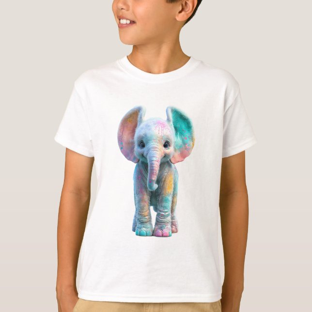 Camiseta Bebê Elefante Arco-Íris Salpicado de Pastel para C (Frente)