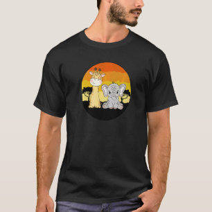 Camiseta Bebê Elefante E Girafa Pôr do Sol Retro Elefantes