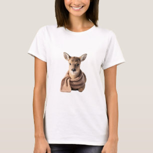 Camiseta Bebê Fawn Adorável Vestindo um Cachecol de Tricô