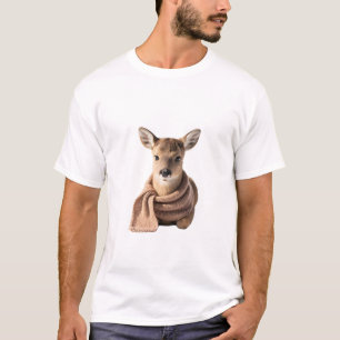 Camiseta Bebê Fawn Adorável Vestindo um Cachecol de Tricô