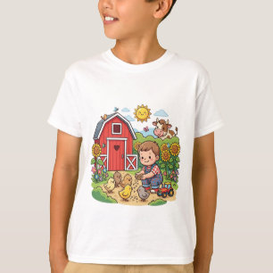 Camiseta Bebê feliz alimentando pintinhos em uma fazenda en