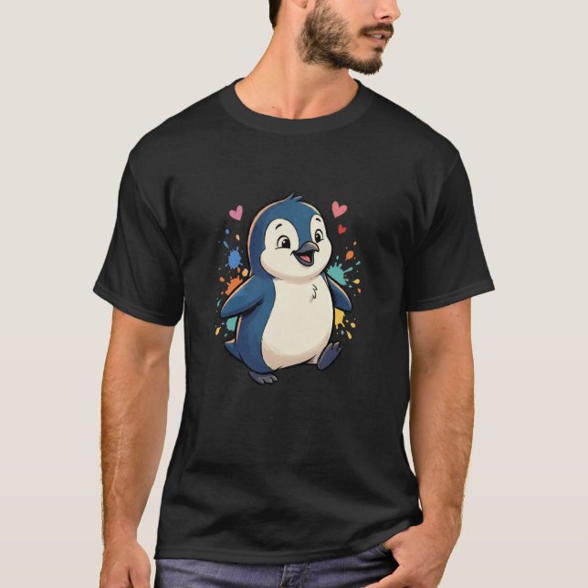 Camiseta Bebê Feliz e Fofo Pinguim Arco-íris Salpicos Coraç (Frente)