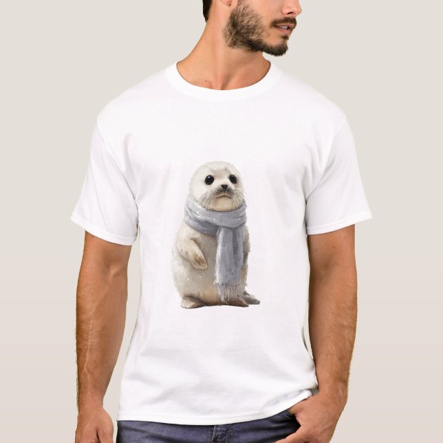 Camiseta Bebê Foca Adorável em um Cachecol Aconchegante (Frente)